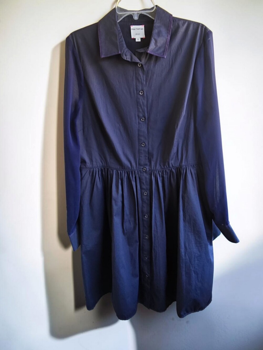 Pink Tartan Navy Fit & Flare Shirt Dress Size 12 Button Front Preppy Old Money